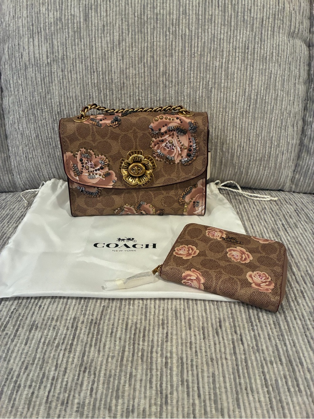 COACH Floral Embellished Signature Canvas Shoulder Bag in Brown/Pink with Wallet